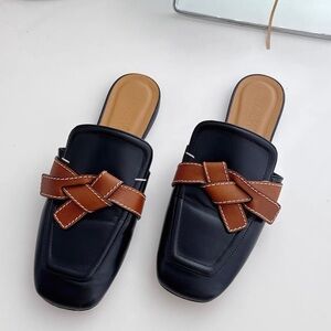 Loewe Black Leather Slide Mules with Brown Braided Strap Detail